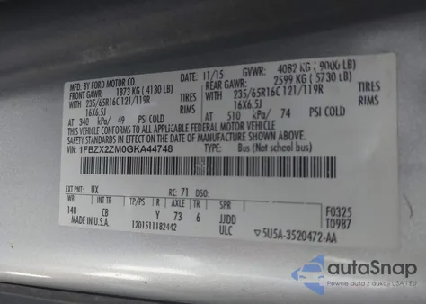 2016 Ford Transit-350 Xlt from USA, damaged, VIN 1FBZX2ZM0GKA44748